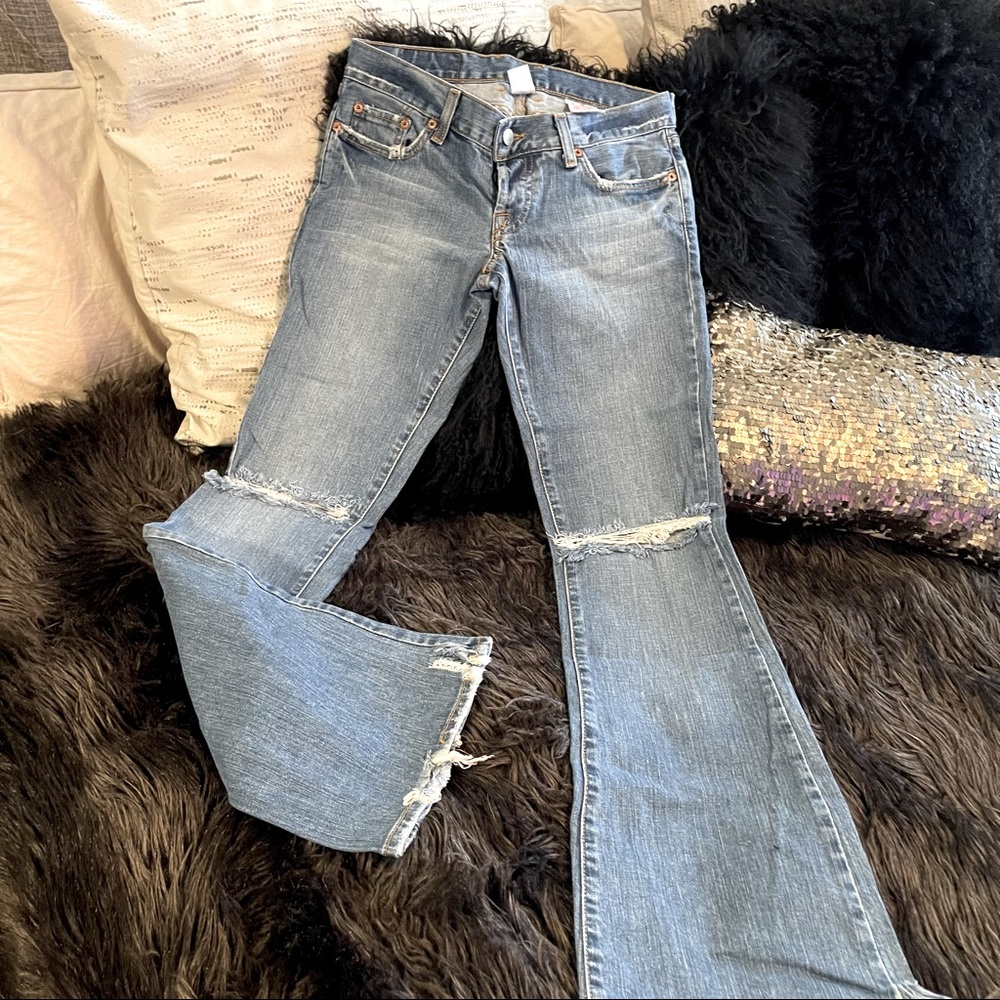 2000’s Lucky brand dungarees destroyed flare jeans